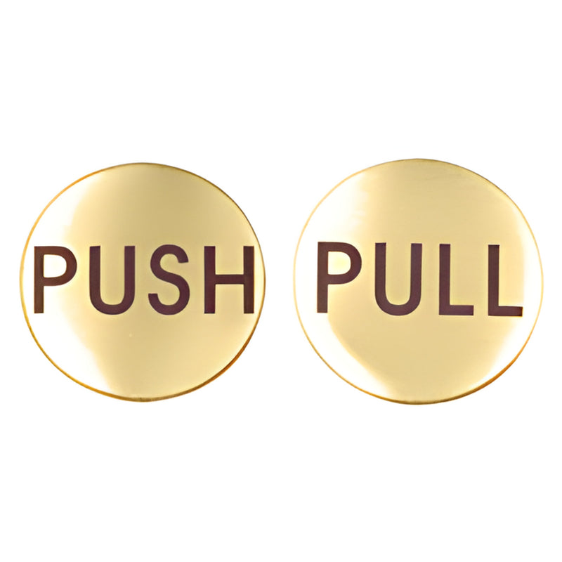 Polished brass 2-inch round door indicators: one PUSH and one PULL disc with dark etched letters, adhesive backing.