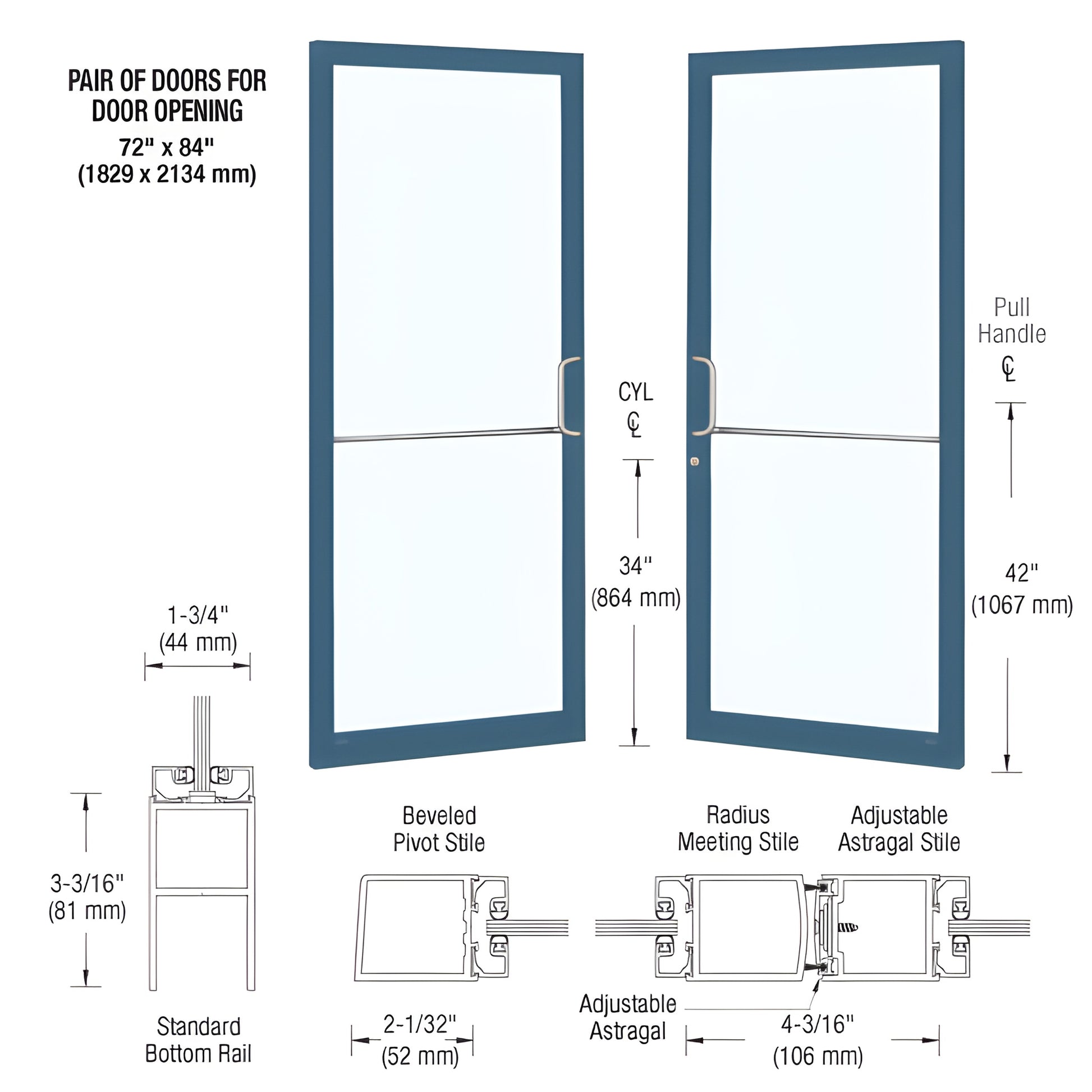 Pair of custom narrow stile entrance doors SKU DC22871, blue Kynar finish with glass panels, ADA bottom rail and hardware.