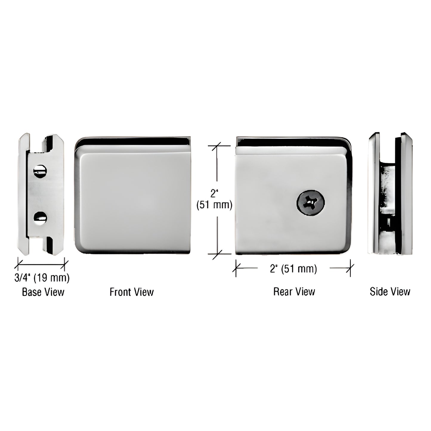 BGCU1BN beveled brushed-nickel wall-mount glass clamp, solid brass, 2 in square, 3/4 in base, fits 3/8-1/2 in glass