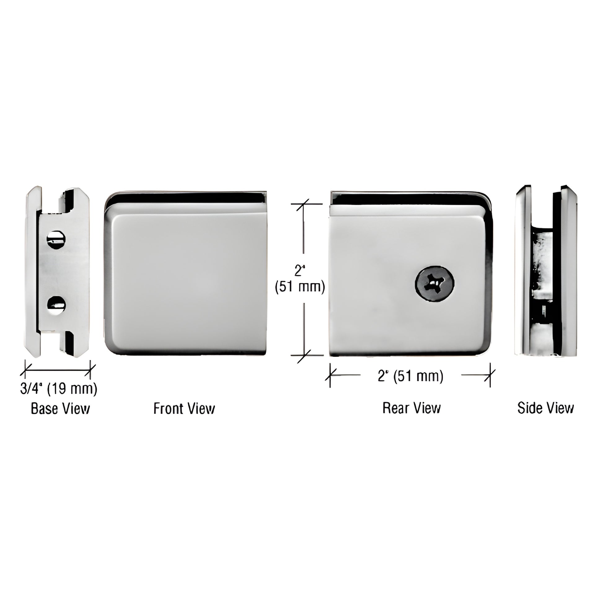 BGCU1BN beveled brushed-nickel wall-mount glass clamp, solid brass, 2 in square, 3/4 in base, fits 3/8-1/2 in glass