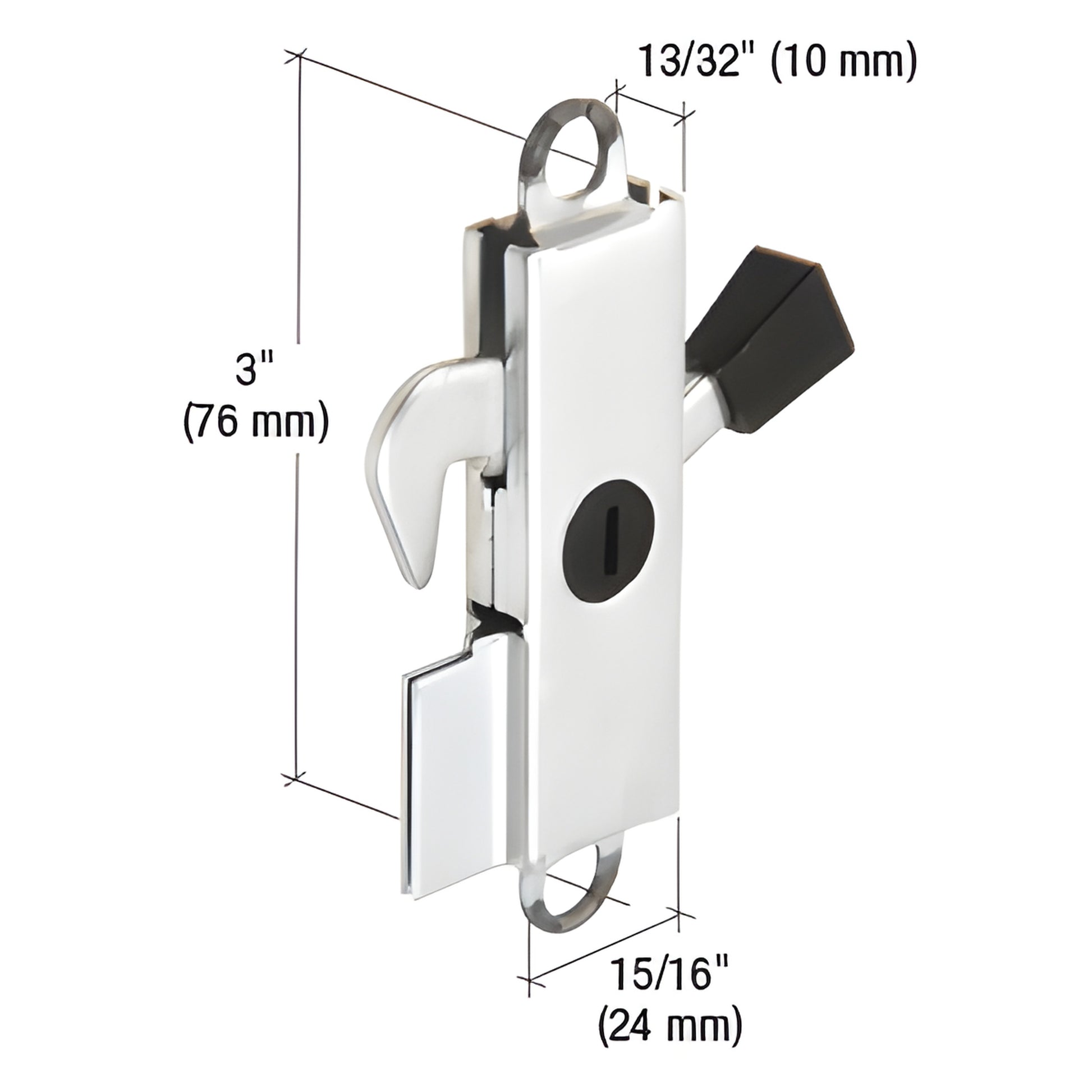 E2105 stamped aluminum latch assembly with steel hook and black plastic lever tip, 3" tall, 15/16" wide.