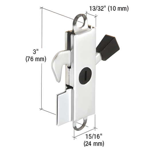 E2105 stamped aluminum latch assembly with steel hook and black plastic lever tip, 3" tall, 15/16" wide.