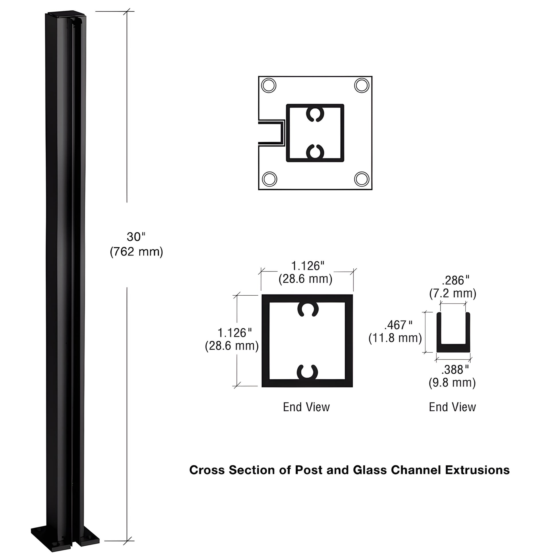 Dark bronze anodized 30 in aluminum square partition end post with U-channel glazing and 2 in square base