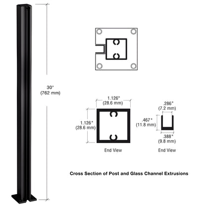 Dark bronze anodized 30 in aluminum square partition end post with U-channel glazing and 2 in square base