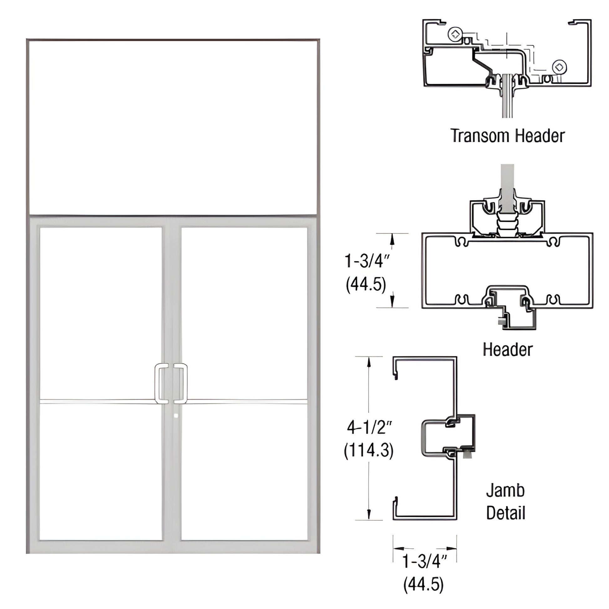 Clear anodized aluminum transom frame, 1-3/4" x 4-1/2" jamb, double glass doors with aluminum threshold. SKU 0B62511