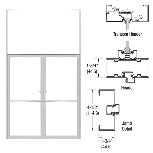 Clear anodized aluminum transom frame, 1-3/4" x 4-1/2" jamb, double glass doors with aluminum threshold. SKU 0B62511