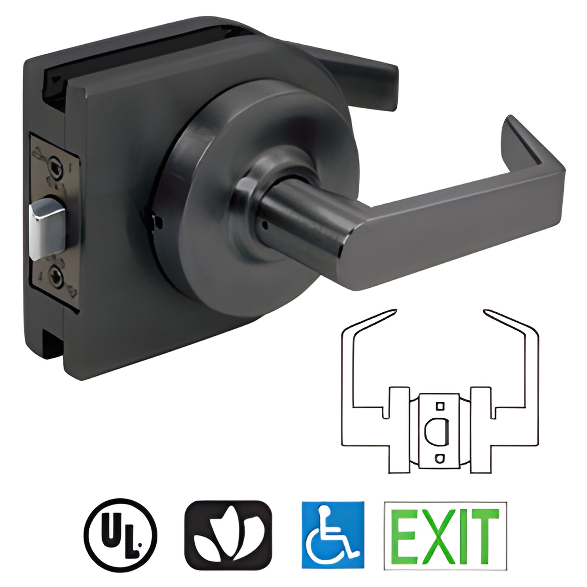 Matte black round lever lock housing with square lever for 3/8" or 1/2" glass door, SKU LH10MBL.