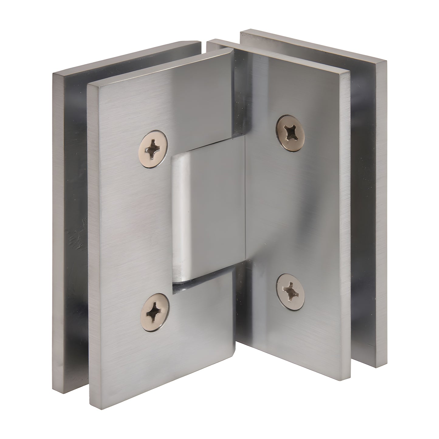 Brushed chrome square-profile Vienna glass-to-glass shower hinge, 90 pivot for 10-12mm (3/8-1/2") tempered glass