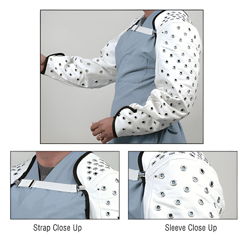 White cotton denim glassworker sleeves with staggered metal grommets and elastic shoulder strap, 27in.