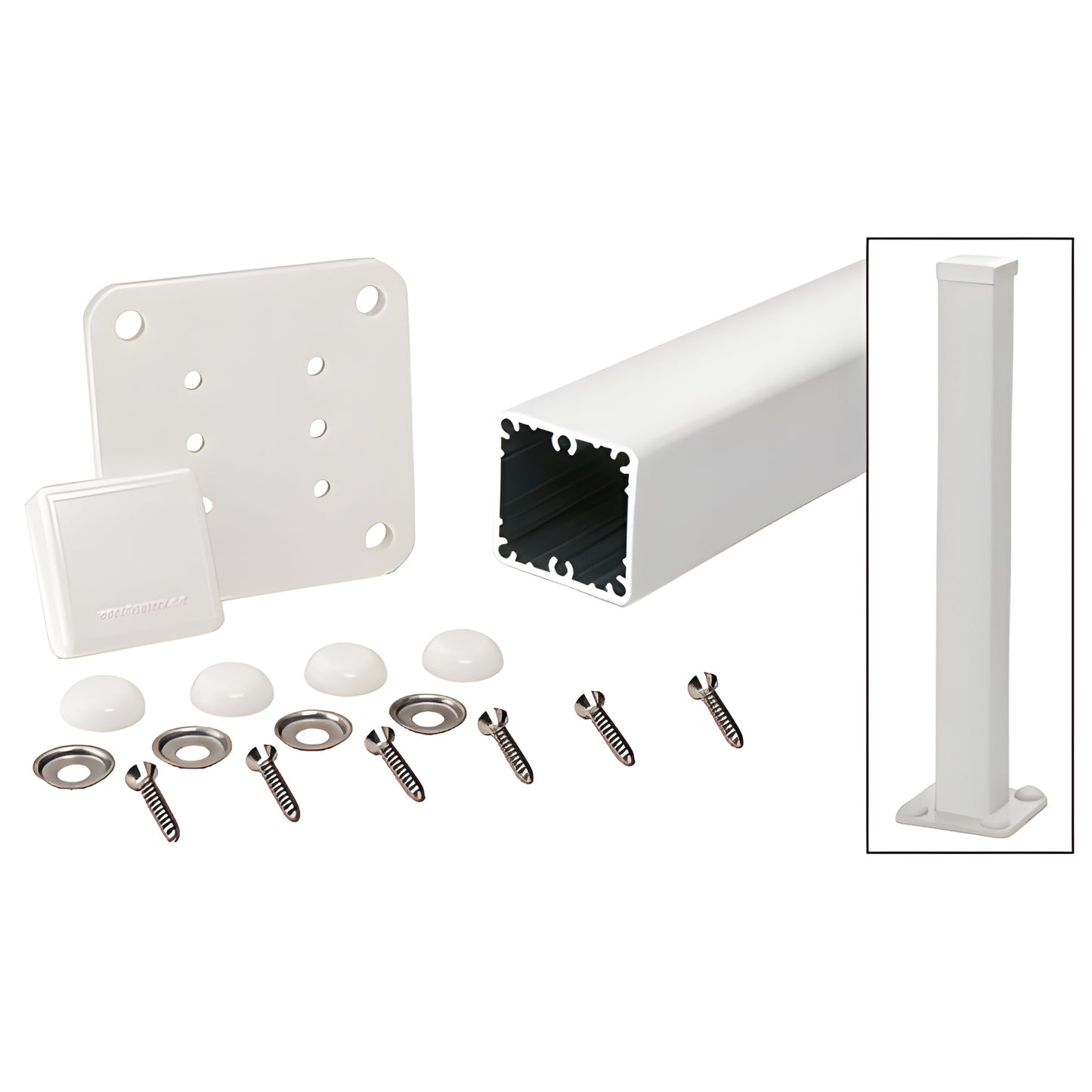 42" CRL 100 Series sky-white aluminum square surface-mount post kit with base plate, post cap, gasket, screws, washers and co