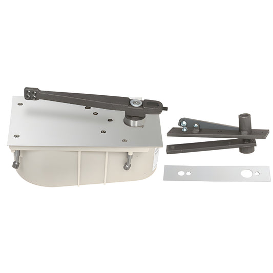 Rixson floor-mounted door closer kit, polished chrome, left-hand, selective hold open, 350 lb capacity