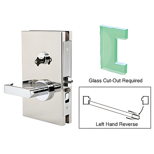 CRL DL611L0PS polished stainless center lock for 1/2 in (12 mm) tempered glass, 6x10 in, left-hand