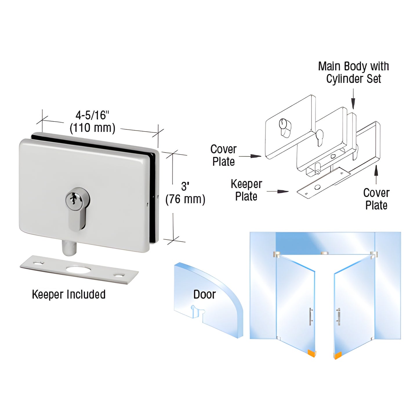 EUR680A satin anodized European glass patch lock, 3" high, keyed cylinder with keeper included.
