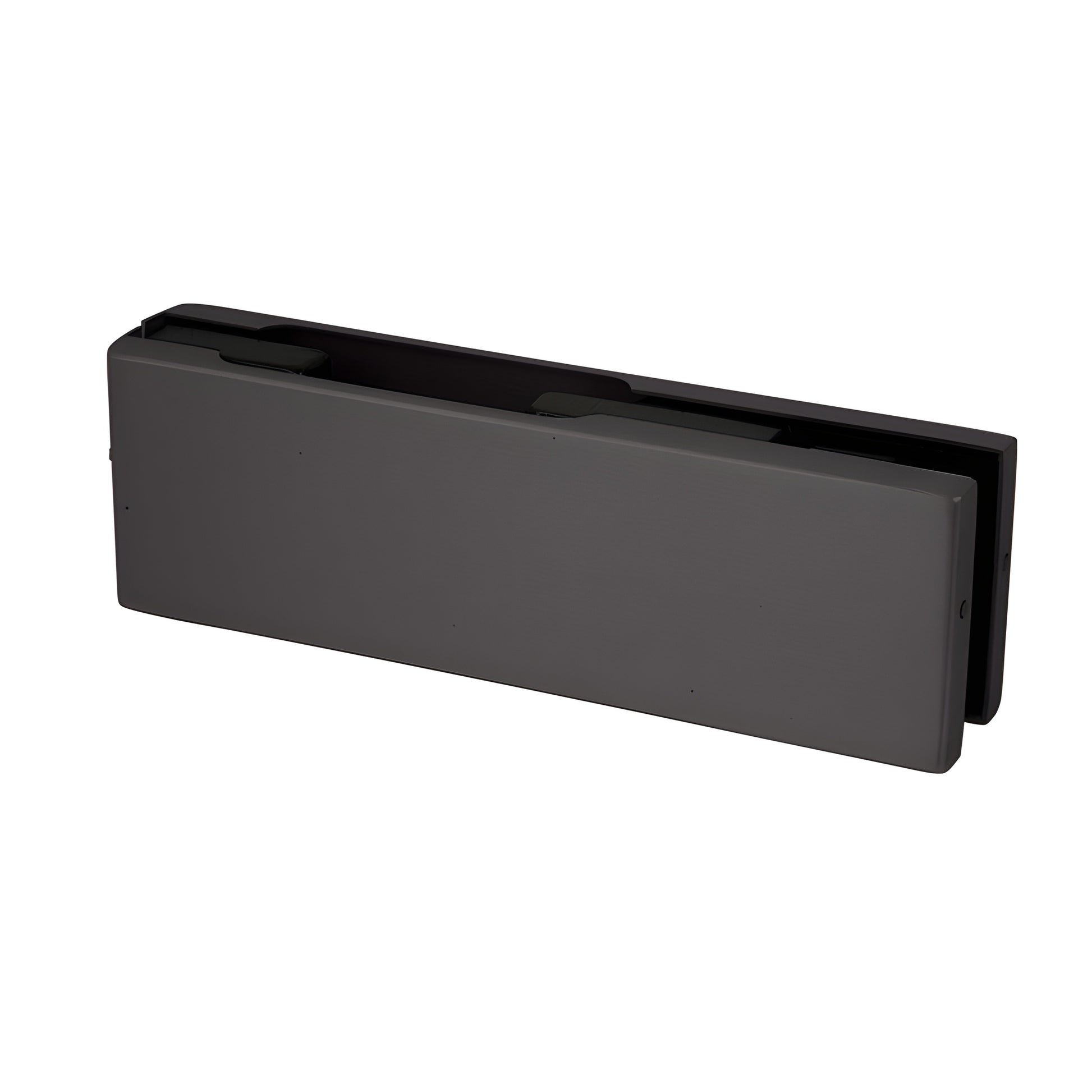 EUR201DU black bronze anodized European patch fitting for frameless glass doors, top/bottom, 2" high, fits 10/12mm glass.