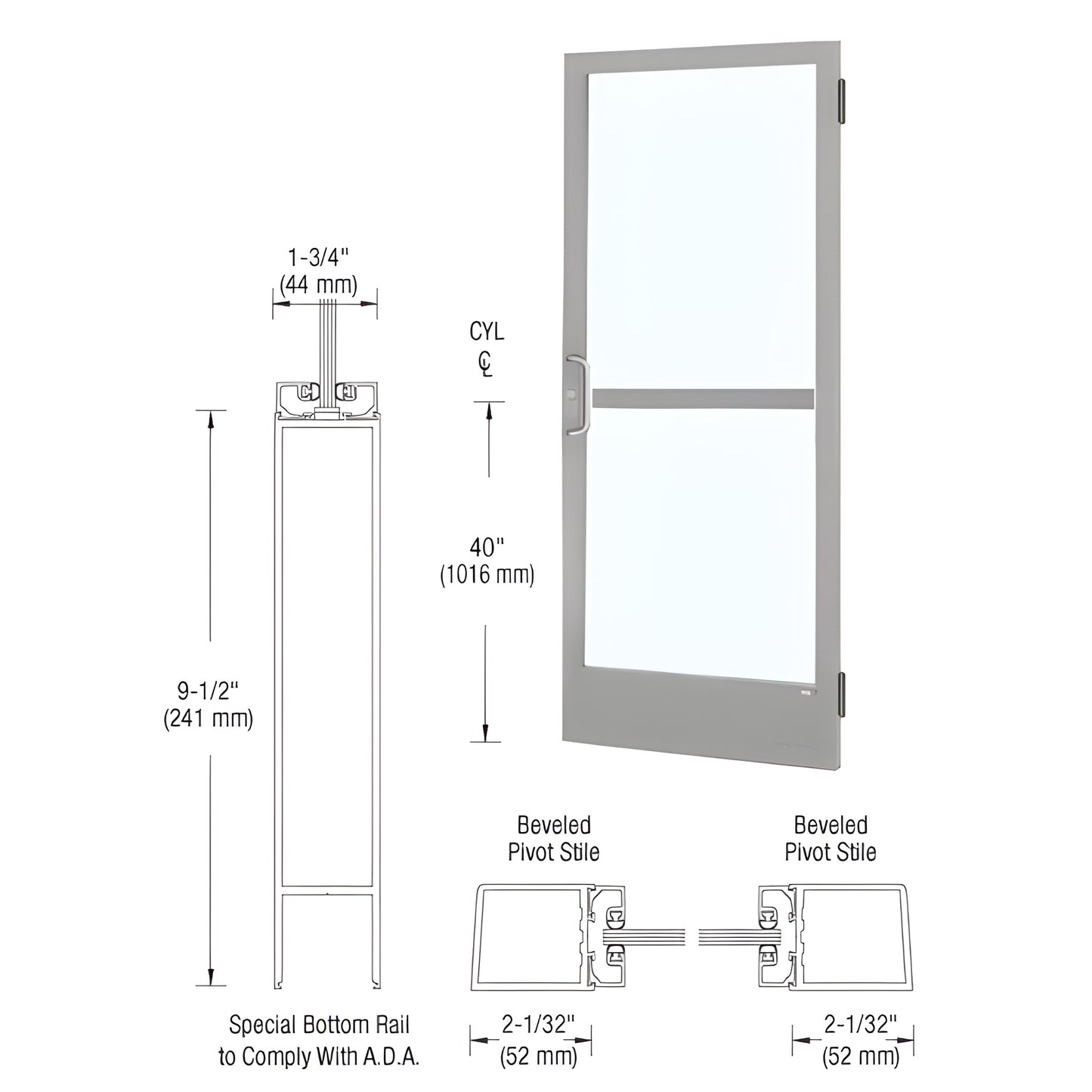 CRL narrow stile entrance door CZ21511, clear anodized finish, 91 2" ADA bottom rail, 2" stiles, glass panel (glass not include