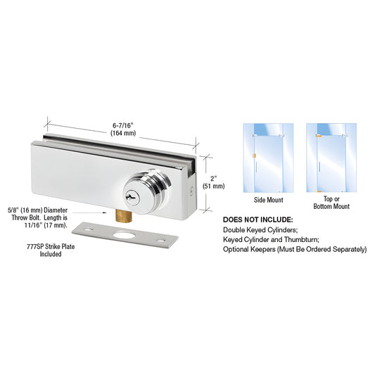 AMR205PS polished stainless patch lock for frameless glass doors; top/side mount; fits 3/8" or 1/2" (10/12 mm) glass