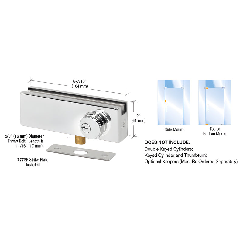 AMR205PS polished stainless patch lock for frameless glass doors; top/side mount; fits 3/8" or 1/2" (10/12 mm) glass