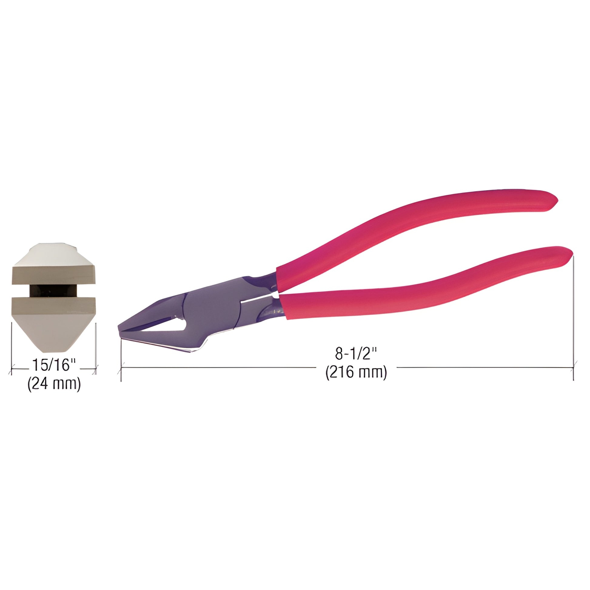 CRL 8-1/2" drop-jaw glazier pliers, all-steel with red grips, flat upper and humped lower jaw for up to 1/2" glass (SKU 3210)