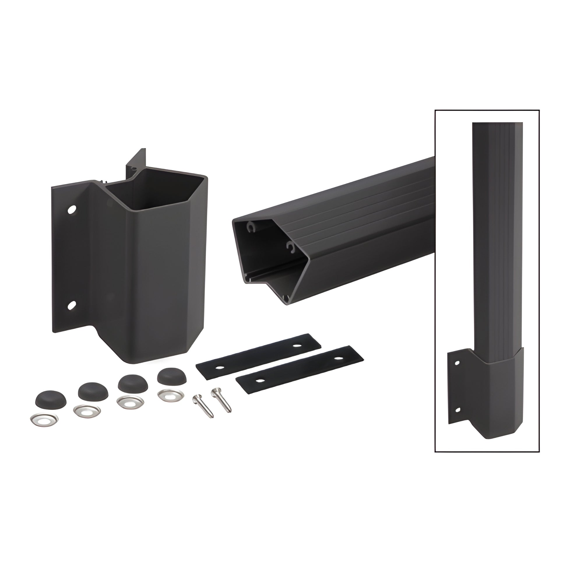 FP542KBL matte black aluminum 135 inside fascia post kit with post, mounting bracket, caps, washers and bolts.