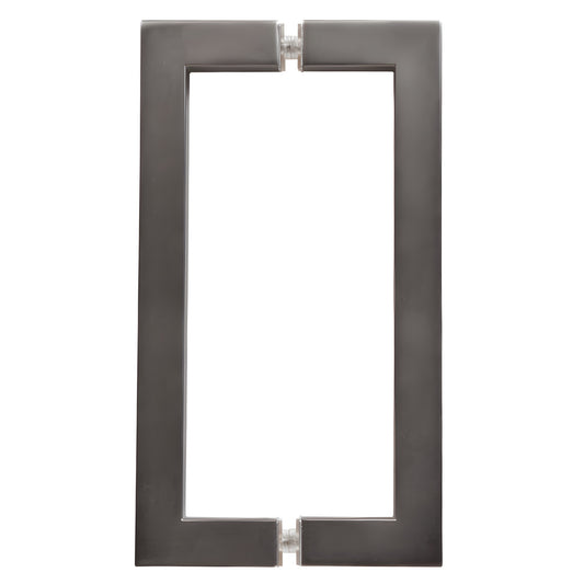 Matte gun metal square-corner back-to-back glass door pull handle, 8 in c-c, 3/4 in brass tube (SKU SQ8X8MGM)