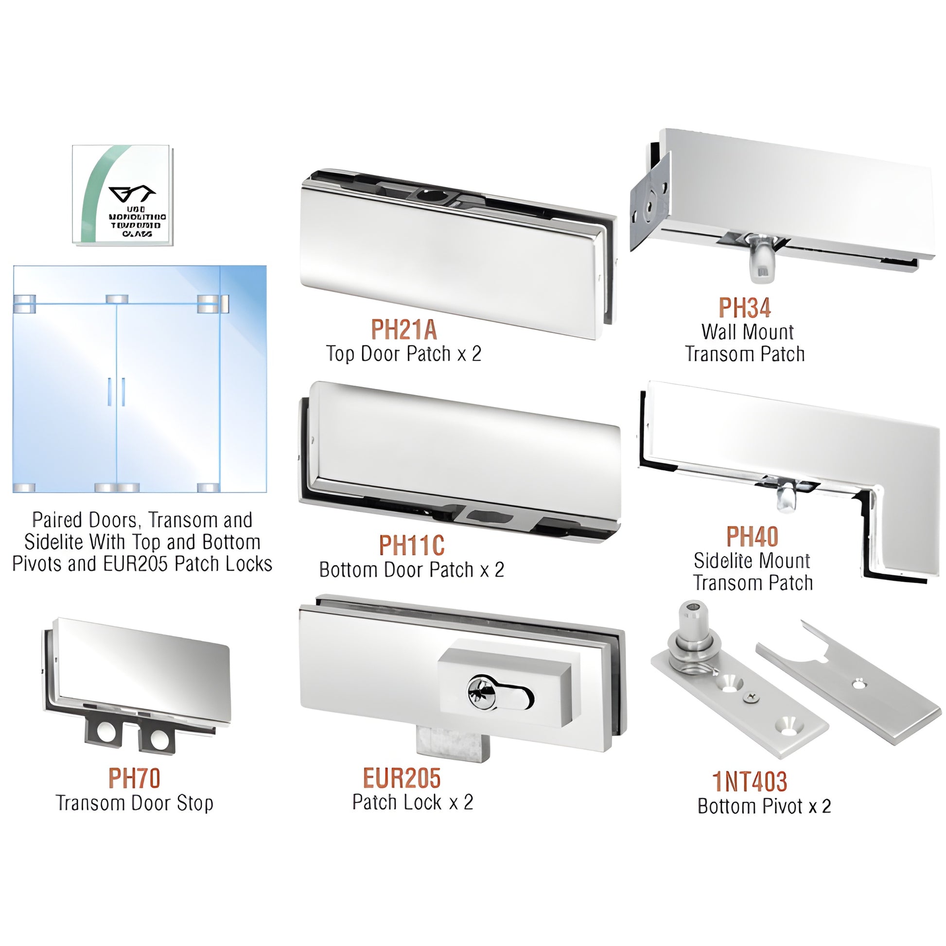 CRL PHE7LPS polished SS European double-door kit: patches, pivots, transom/sidelite hardware for 3/8-1/2 glass