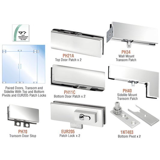 CRL PHE7LPS polished SS European double-door kit: patches, pivots, transom/sidelite hardware for 3/8-1/2 glass