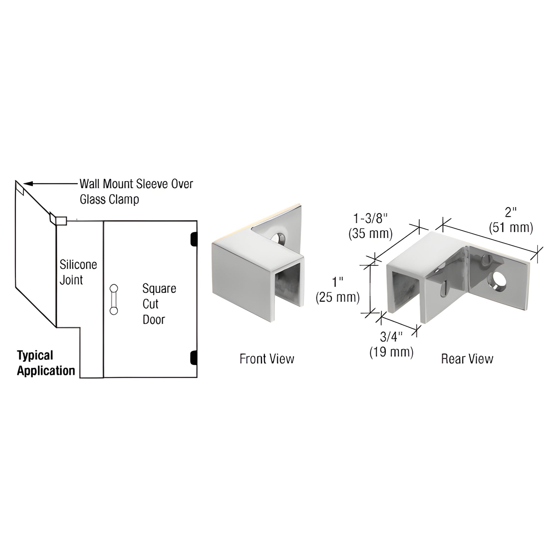 Polished chrome sleeve-over wall clamp for 8-12mm (5/16-1/2") glass, solid brass left-hand shower clamp SKU S0GC37LCH