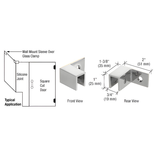 Polished chrome sleeve-over wall clamp for 8-12mm (5/16-1/2") glass, solid brass left-hand shower clamp SKU S0GC37LCH