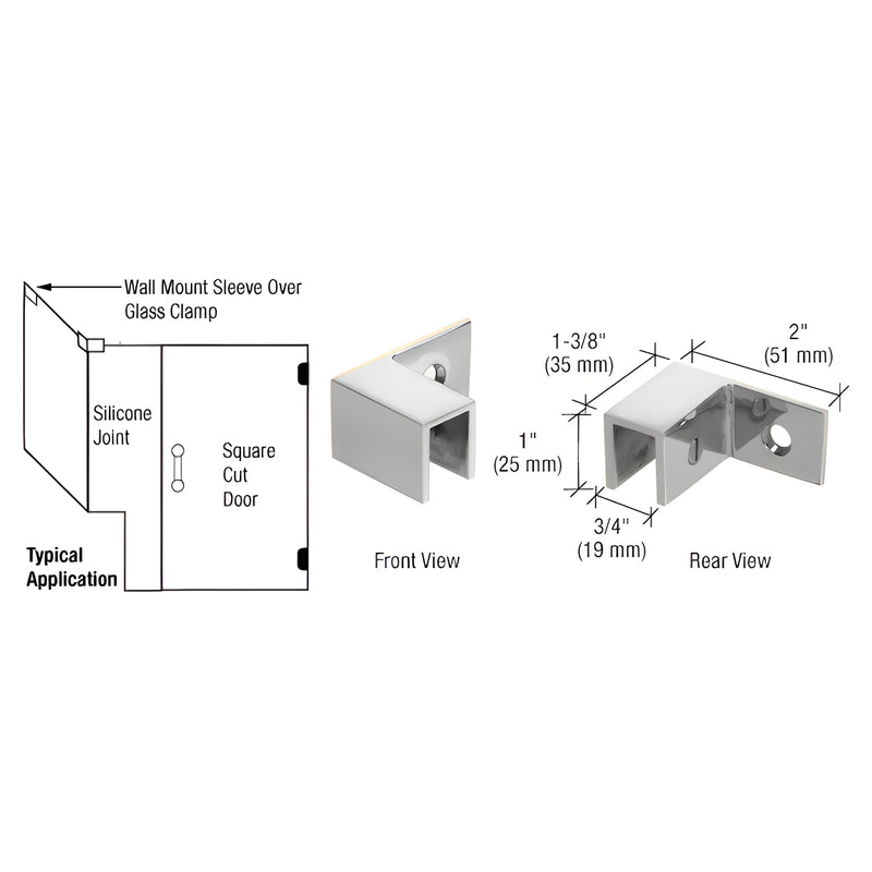 Polished chrome sleeve-over wall clamp for 8-12mm (5/16-1/2") glass, solid brass left-hand shower clamp SKU S0GC37LCH