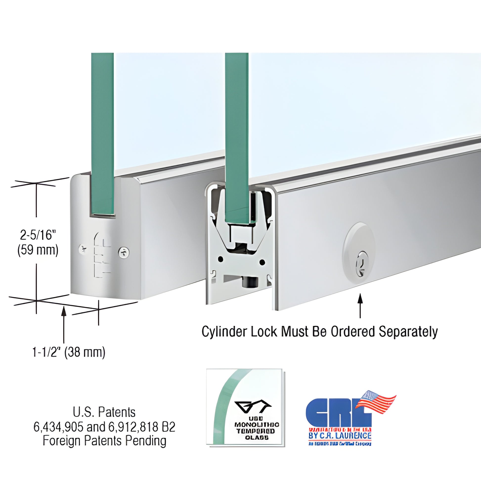 Low-profile satin anodized aluminum door rail (CRL DR2SSA38PL) for 3/8" glass, 8" length, Wedge-Lock glass channel