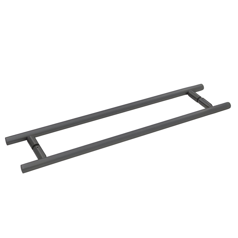 Matte black ladder-style towel bar pull for frameless glass, 18in center-to-center, 3/4in tubular (SKU LTB18X18MBL)