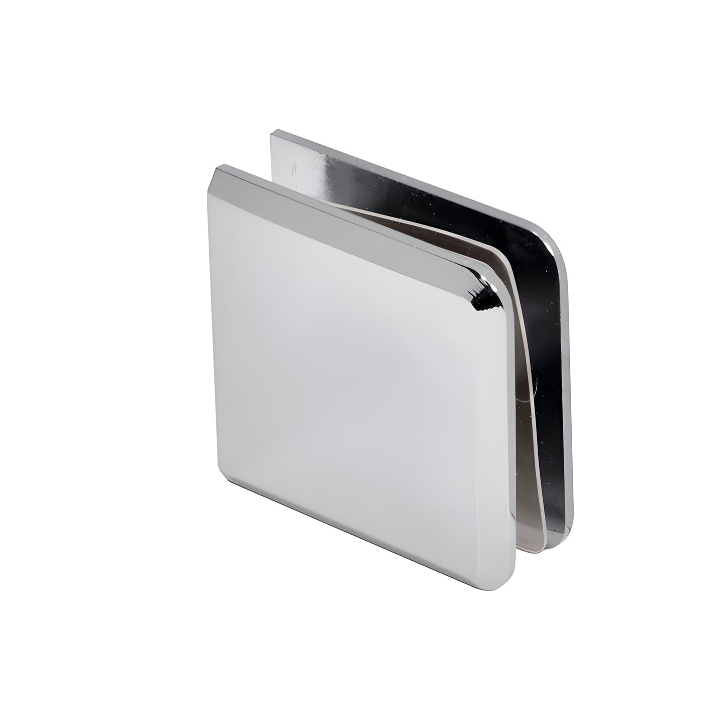 Polished chrome beveled wall-mount glass clamp (BCU4CH) for 3/8-1/2 (10-12mm) frameless shower panels.