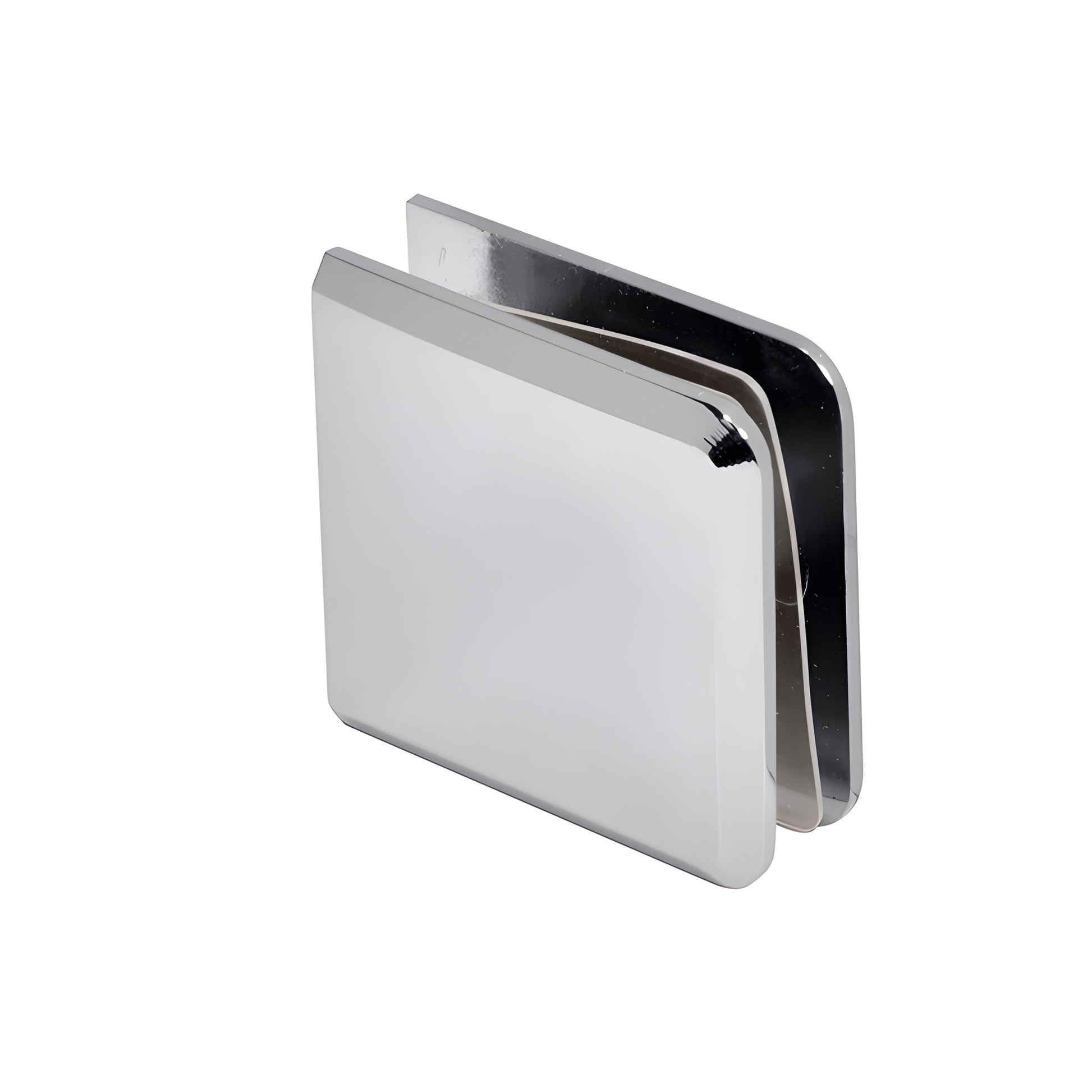 Polished chrome beveled wall-mount glass clamp (BCU4CH) for 3/8-1/2 (10-12mm) frameless shower panels.