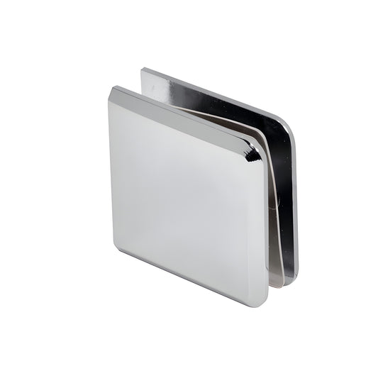 Polished chrome beveled wall-mount glass clamp (BCU4CH) for 3/8-1/2 (10-12mm) frameless shower panels.