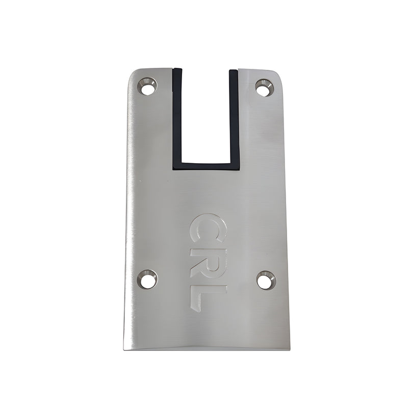 DRXEC4SBS 4" square brushed stainless steel end cap with CRL logo, four screw holes and removable glass protector slot.