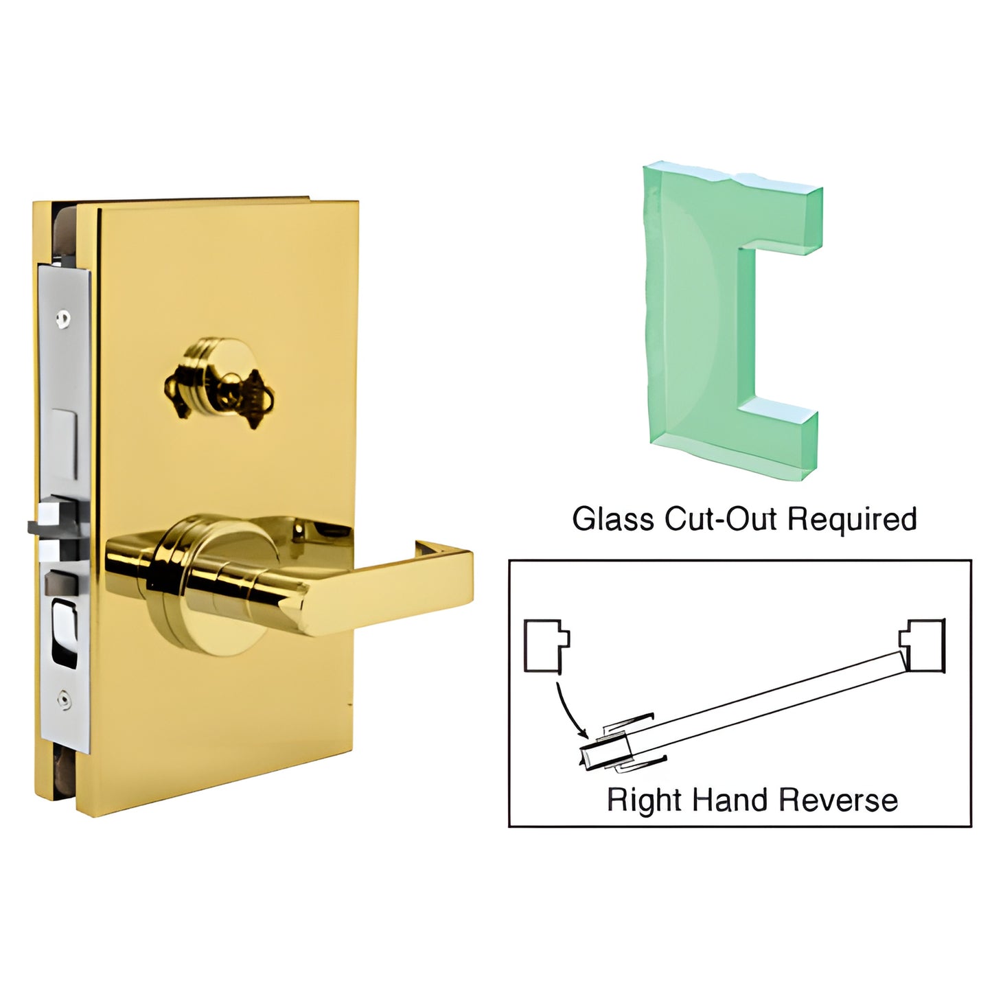 DL611REPB polished brass 6x10 center glass door lock with lever for 1/2" (12mm) tempered glass, right-hand reverse