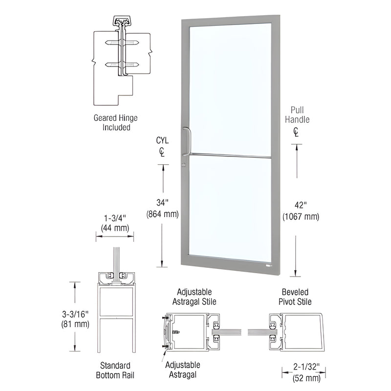 36x84 clear anodized aluminum storefront door, left-latch active leaf SKU DC22811LA36 with narrow-stile and hinge diagrams
