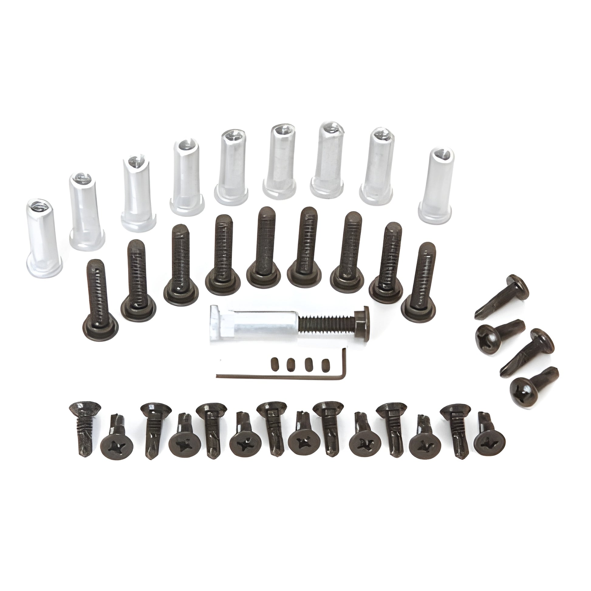 CRL RSP200DU pack of 20 replacement hinge screws and caps, aluminum and dark bronze, laid out on white background.