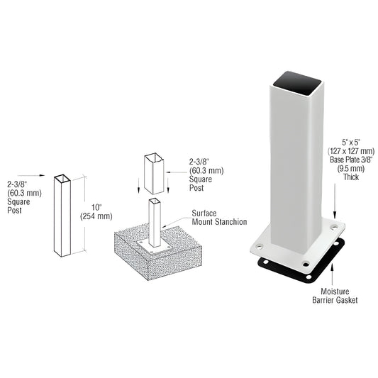 PST5BPS stainless steel surface-mount stanchion with 5 5" base plate, silver metallic, for 2-3/8" square aluminum posts.