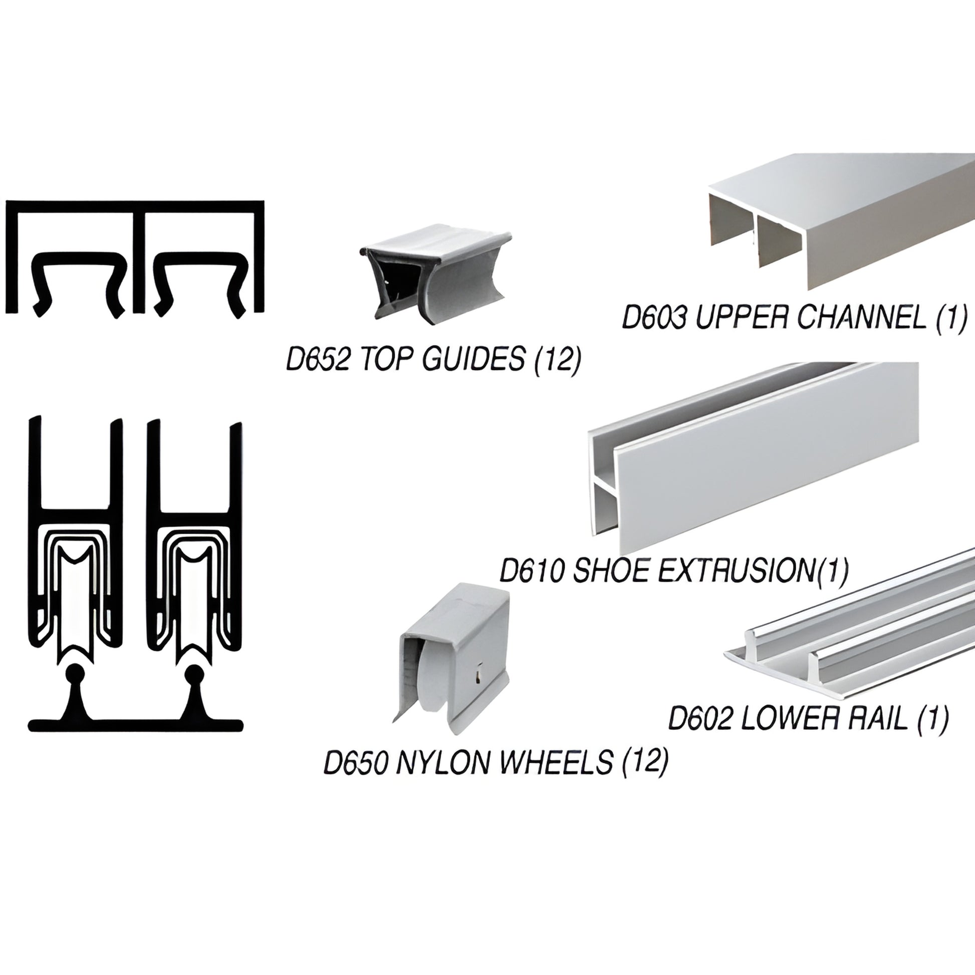 D2203BA low-profile bright anodized aluminum rolling track assembly with D650 nylon wheels for 1/4" (6mm) glass