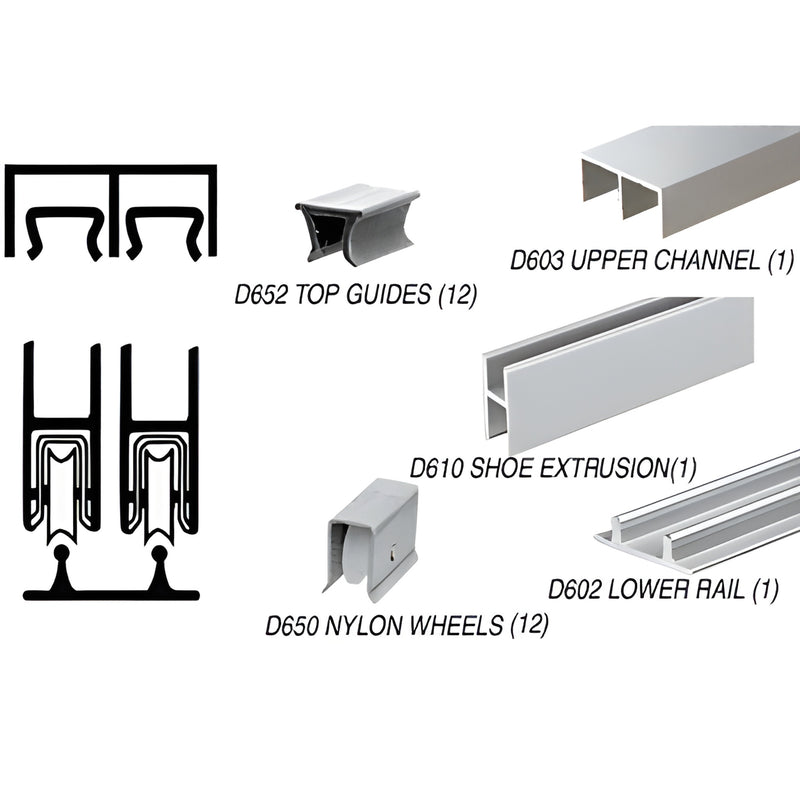 D2203BA low-profile bright anodized aluminum rolling track assembly with D650 nylon wheels for 1/4" (6mm) glass