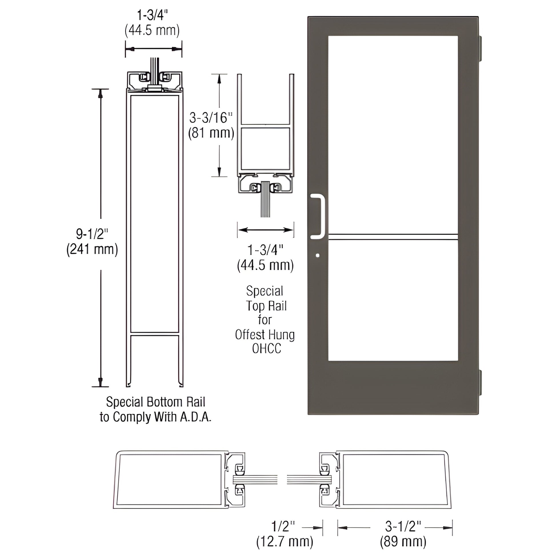 DE41422 medium stile commercial entrance door, black bronze anodized frame with large glass, ADA 9-1/2" bottom rail.
