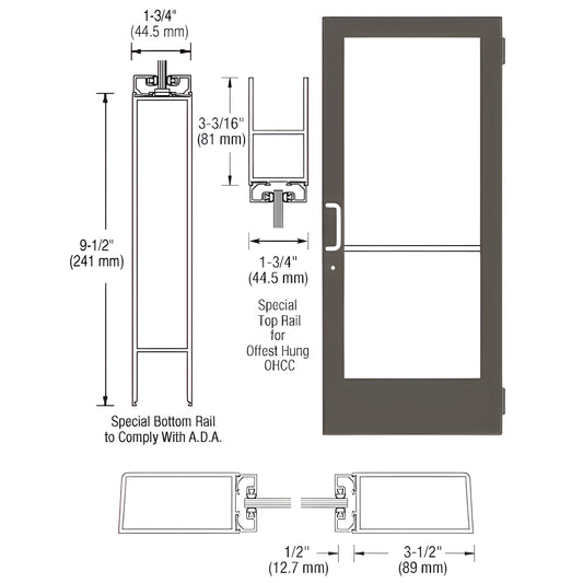 DE41422 medium stile commercial entrance door, black bronze anodized frame with large glass, ADA 9-1/2" bottom rail.