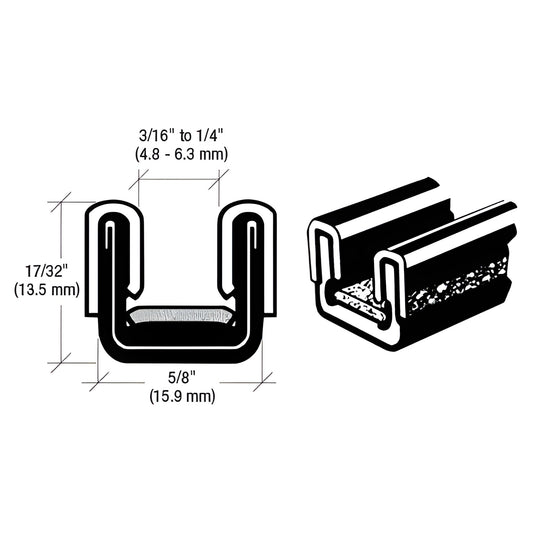 SKU 10A96 black unbeaded flexible glass run channel - rubber-covered, felt-lined U-profile, fits 3/16-1/4" glass, 96" length