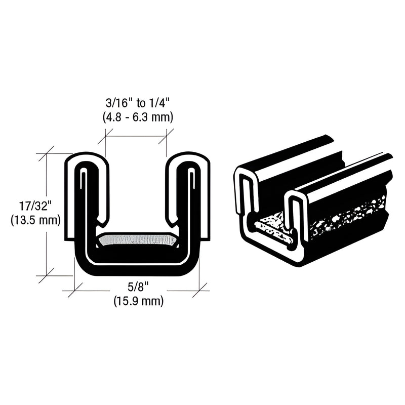 SKU 10A96 black unbeaded flexible glass run channel - rubber-covered, felt-lined U-profile, fits 3/16-1/4" glass, 96" length