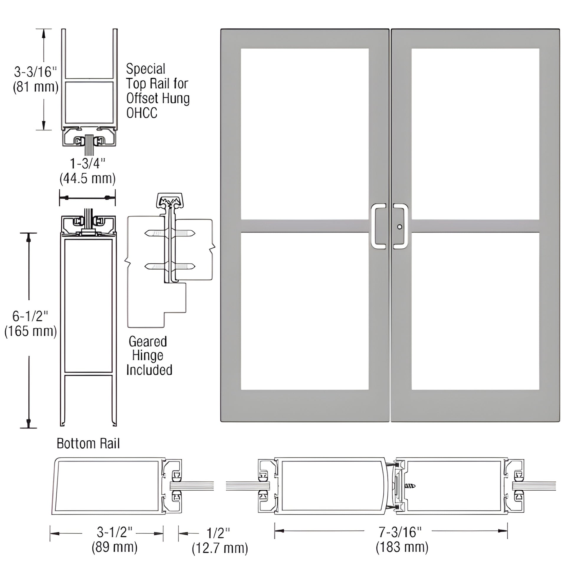 Double commercial aluminum entrance door, clear anodized finish, 3-1/2" stiles, accepts 1/4" tempered glass. SKU DZ42911