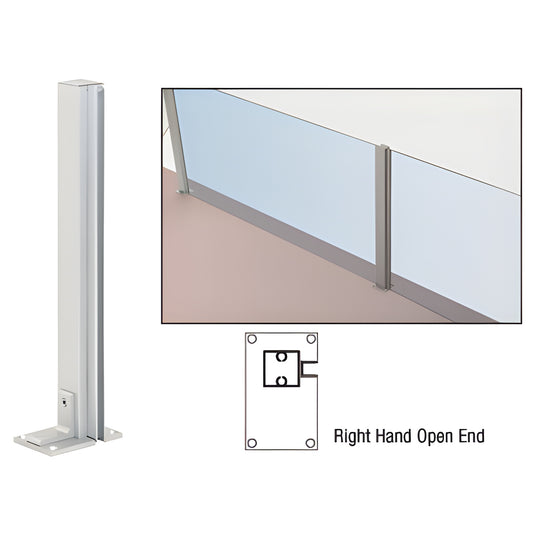36" satin anodized aluminum square partition post, right-hand open U-channel for 1/4" glass, predrilled 2x3 base.
