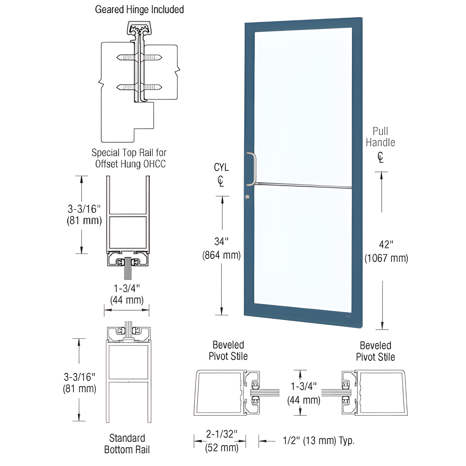 DC21971 narrow-stile commercial entrance door, Kynar finish, large glass panel, push/pull hardware and MS hookbolt lock.