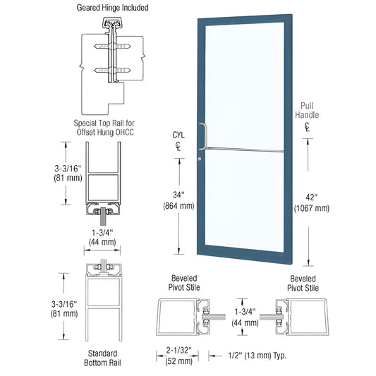 DC21971 narrow-stile commercial entrance door, Kynar finish, large glass panel, push/pull hardware and MS hookbolt lock.
