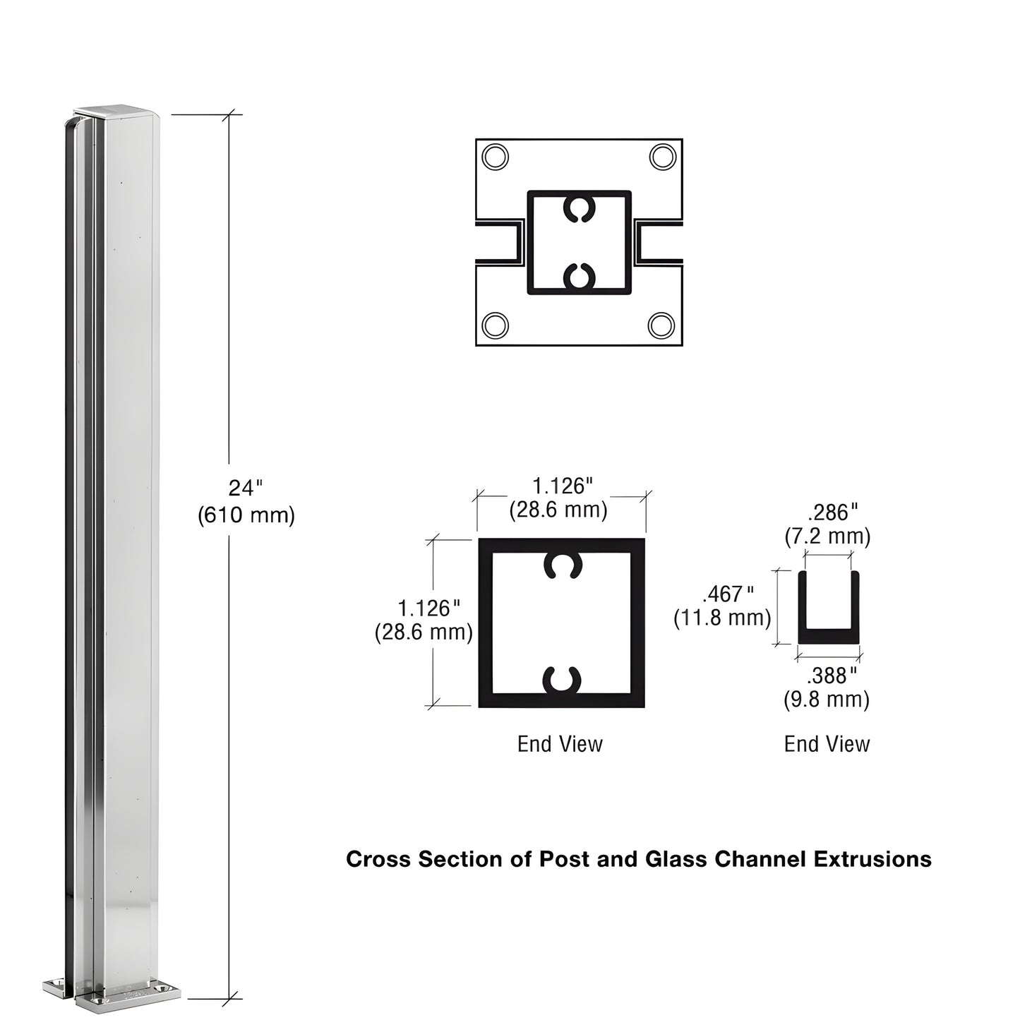 CRL Design Series D990BA24C bright anodized aluminum 24 in square center partition post with U channel glazing.